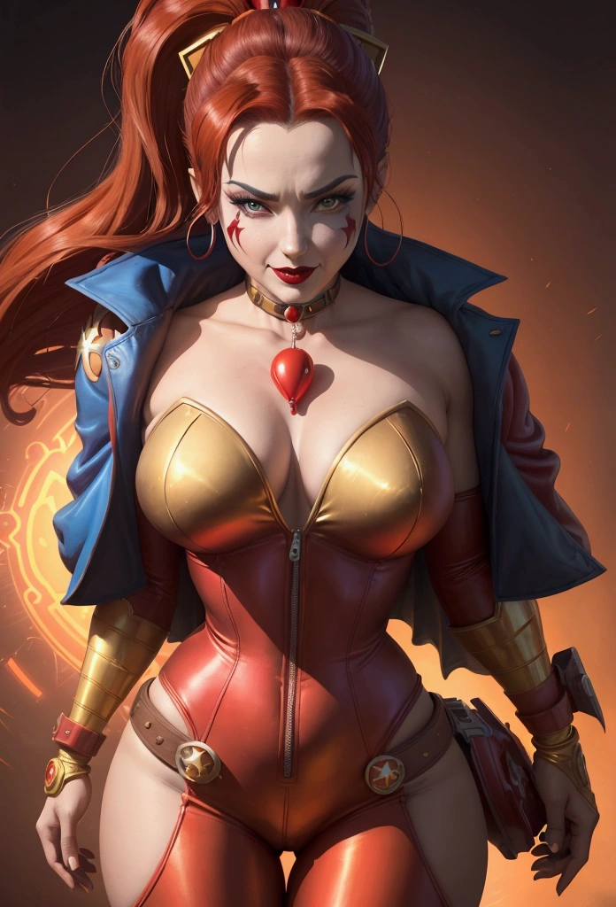 a close up of a woman in a costume with a red and gold suit, artgerm julie bell beeple, clown girl, portrait of modern darna, artgerm and lois van baarle, harley queen, jester, artgerm colorful!!!, jester themed, artgerm style, artgerm detailed, portrait of harley quinn