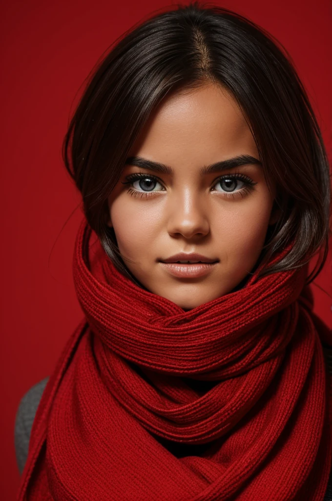 A girl's mouth and eyes are tied up with red scarf and a bloody red background
