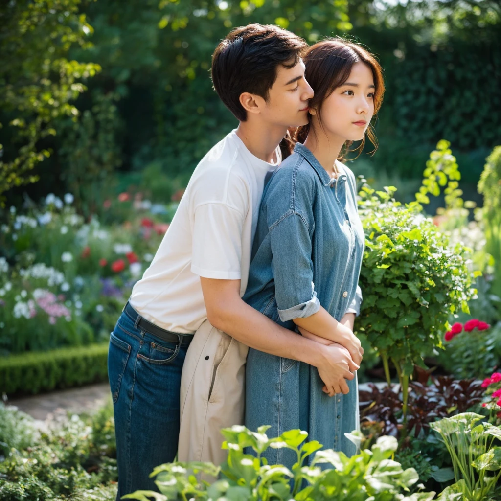 Man hugging his girlfriend with his back watching the garden