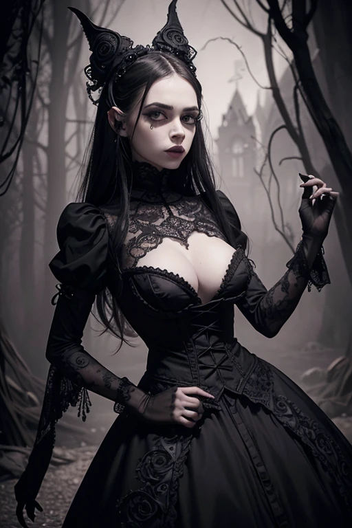 in frame, full body, a beautiful woman at Mont Saint-Michel cathedral at night, dark shadows, (incredibly sexy:1.3), pale skin, thin face, luscious long black hair, heavy makeup, dark eyes, dark eyeliner, dark makeup, skin blemishes, (large soft breasts:1.4), (thin tight body:1.4), thin hips, (tight defined butt:1.3), thin stomach, thick strong legs, wearing gothic lingerie and a long black velvet cape and knee high boots, black choker, becoming a vampire, fangs with blood, looking at camera, seductive, moonlight, masterpiece, photorealistic, detailed, 8k, HDR, shallow depth of field, midnight, dark shadows, creepy atmospheric, rain, high contrast, backlighting, bloom, light sparkles, chromatic aberration, sharp focus, RAW color photo