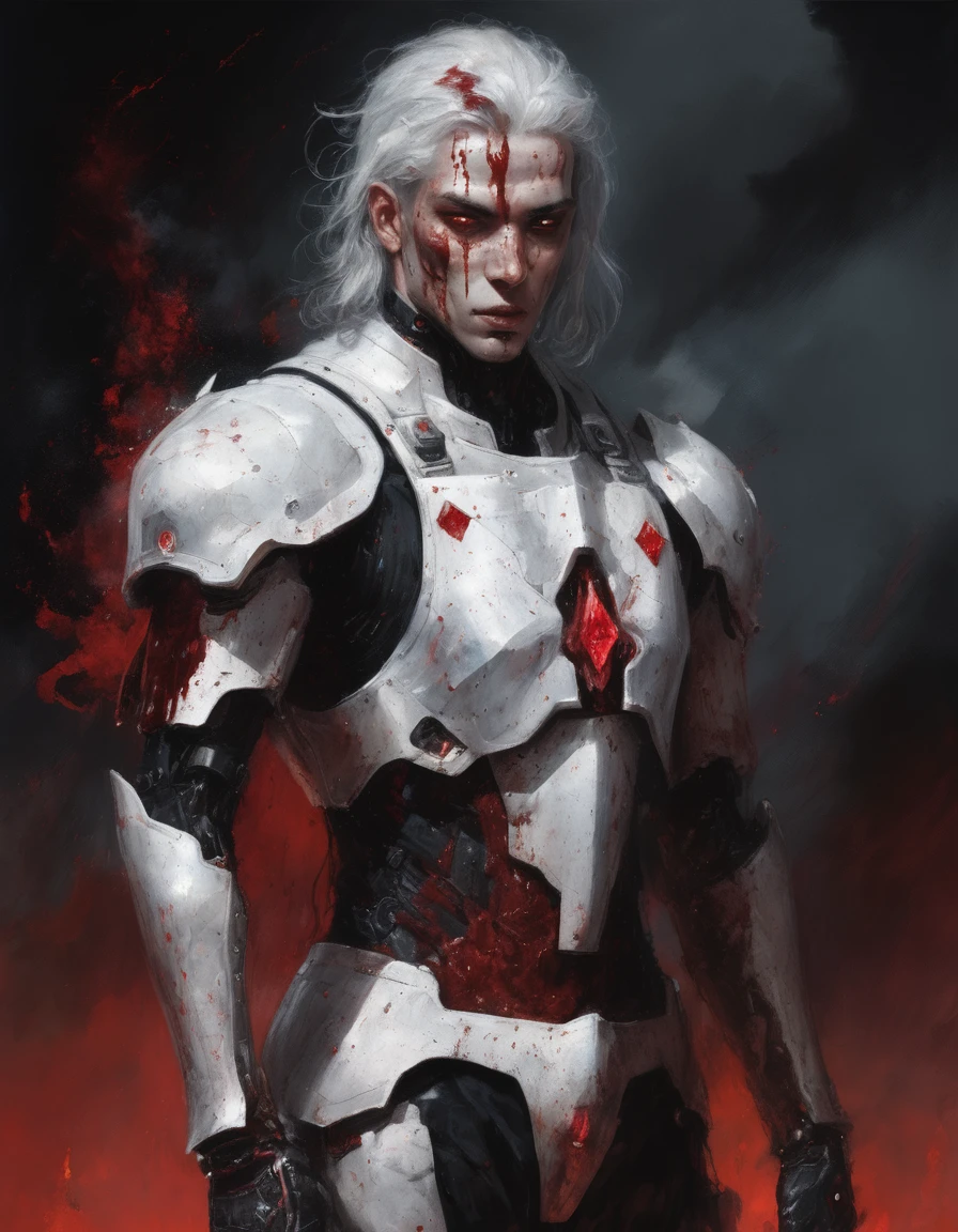 {{Masterpiece, best quality, oil painting, by Franz von Lenbach}}, ((((((the full body portrait of a 20 year old male cyborg, manly, sexy, tall, muscular, flashing eyes, he has blood covered silver hair, splattered in blood scarred face, sullen, arrogant, haughty, majestic, furious)))))), ((((He is splattered in blood, wearing a blood covered white cyborg plate armor, with a red diamond shape on his chest)))). (((burning covered in blood background))), surrounded by a cloud of moths, with a red diamond shape on his chest.
