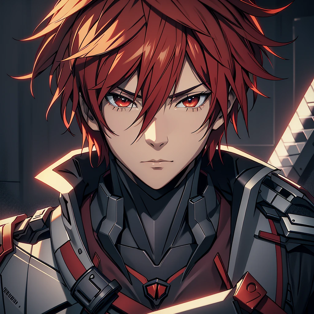 1man, handsome, red hair, wearing combat suit, ultra high resolution, best quality, masterpiece, rtx,ray tracing, 4k, top quality, highly detailed, official art, stunning visuals 