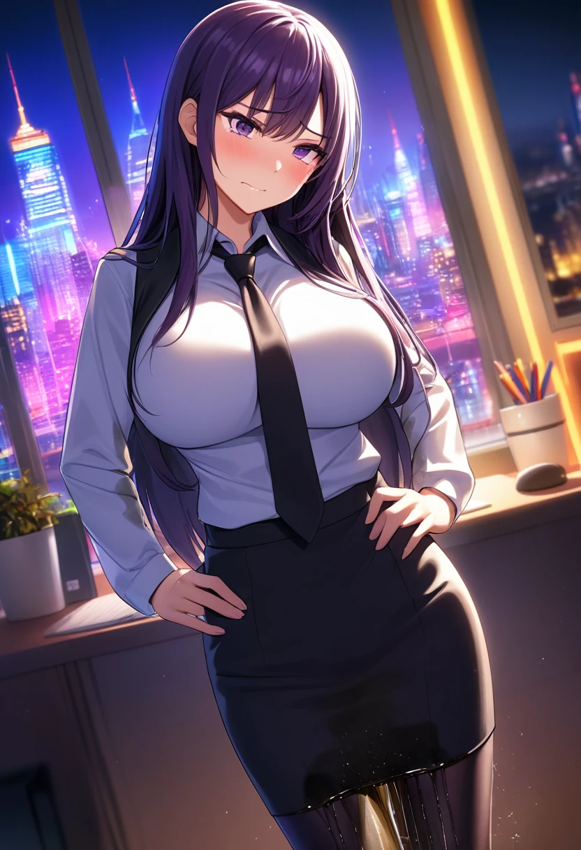 woman, very dark purple hair, purple eyes, long hair, huge breasts, black business suit, necktie, pencil skirt, pantyhose, standing straight, (wetting herself:1.5), best quality, ultra-detailed, HDR, studio lighting, professional, vivid colors, sharp focus, bokeh, landscape, office, night, window, cityscape, colorful city, neon lights, futuristic, science fiction, soft lighting, dynamic shadows, embarrassed, humiliation, blushing, angry, tears, facing viewer, (hands on hips:1.5)