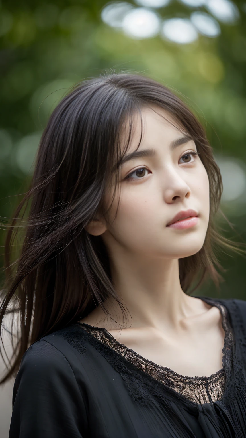 Super detailed, High resolution, Realistic, RAW Photos, ((Real person)), Detailed skin, (Delicate black eyes ), Soothing woman with droopy eyes, calm and calm, Mid-length hair, skinny, clothing, The wind is blowing, puppet、, photoRealistic, masterpiece, Highest quality, High resolution, 4K, 超High resolution, Textured skin、
