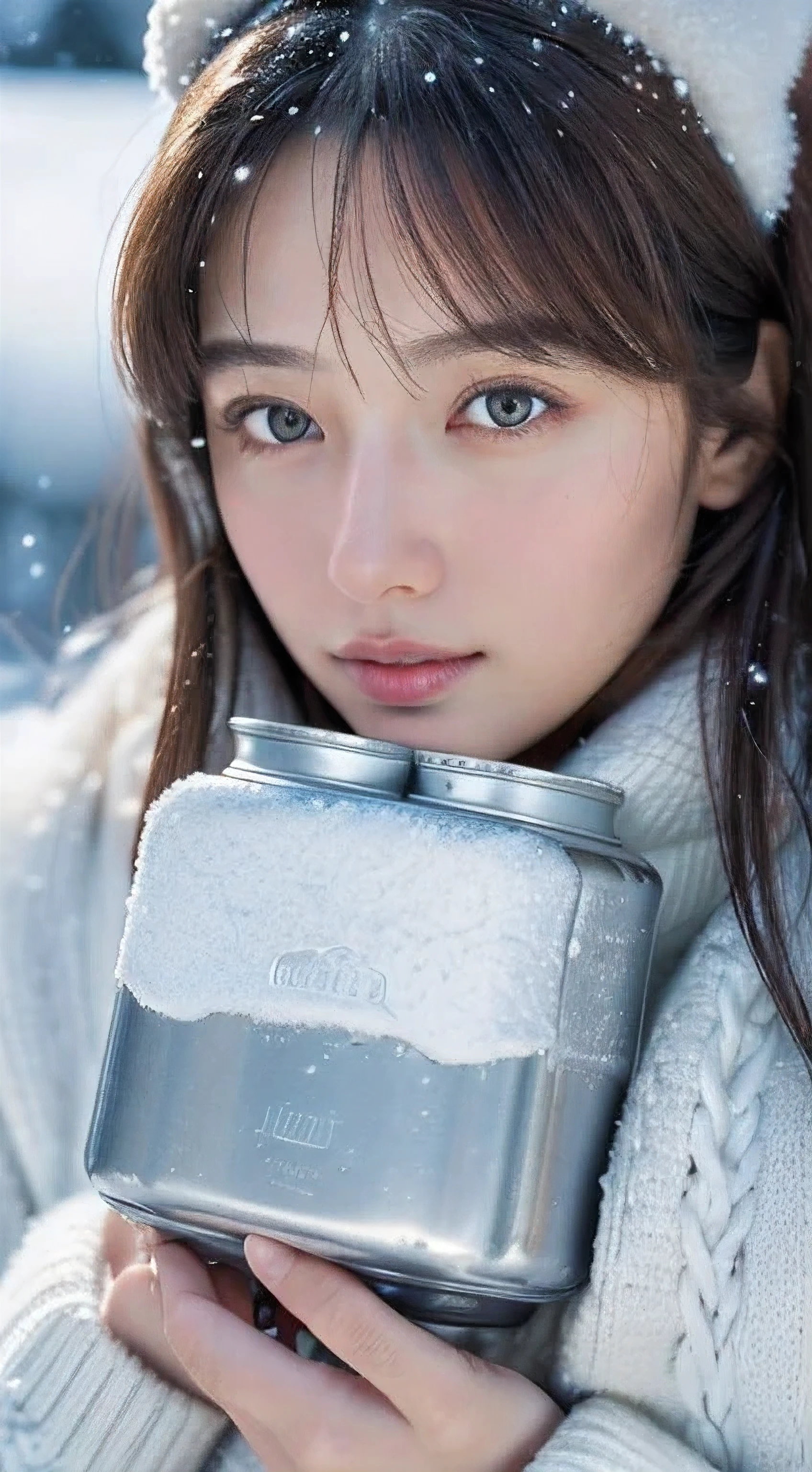 (masterpiece:1.35),(best-quality:1.4),8k,ultra-detailed,photography,(ultra-realistic:1.4),adult girl,long hair,sweater,snowing background,holding bear brand milk can,detailed face,beautiful eyes,beautiful lips,intricate details,warm lighting,winter atmosphere,soft snow texture,environmental details