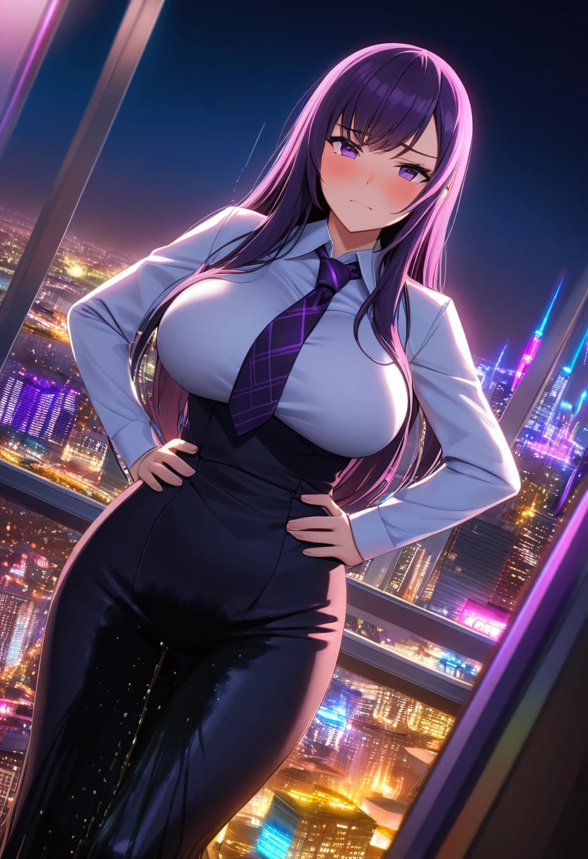 woman, very dark purple hair, purple eyes, long hair, huge breasts, black business suit, necktie, long pencil dress, standing straight, (wetting herself:1.5), best quality, ultra-detailed, HDR, studio lighting, professional, vivid colors, sharp focus, bokeh, landscape, office, night, window, cityscape, colorful city, neon lights, futuristic, science fiction, soft lighting, dynamic shadows, embarrassed, humiliation, blushing, angry, tears, facing viewer, (hands on hips:1.5)