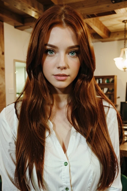 a pretty redhead woman with long straight hair and green eyes
