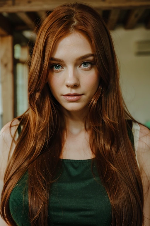 a pretty redhead woman with long straight hair and green eyes