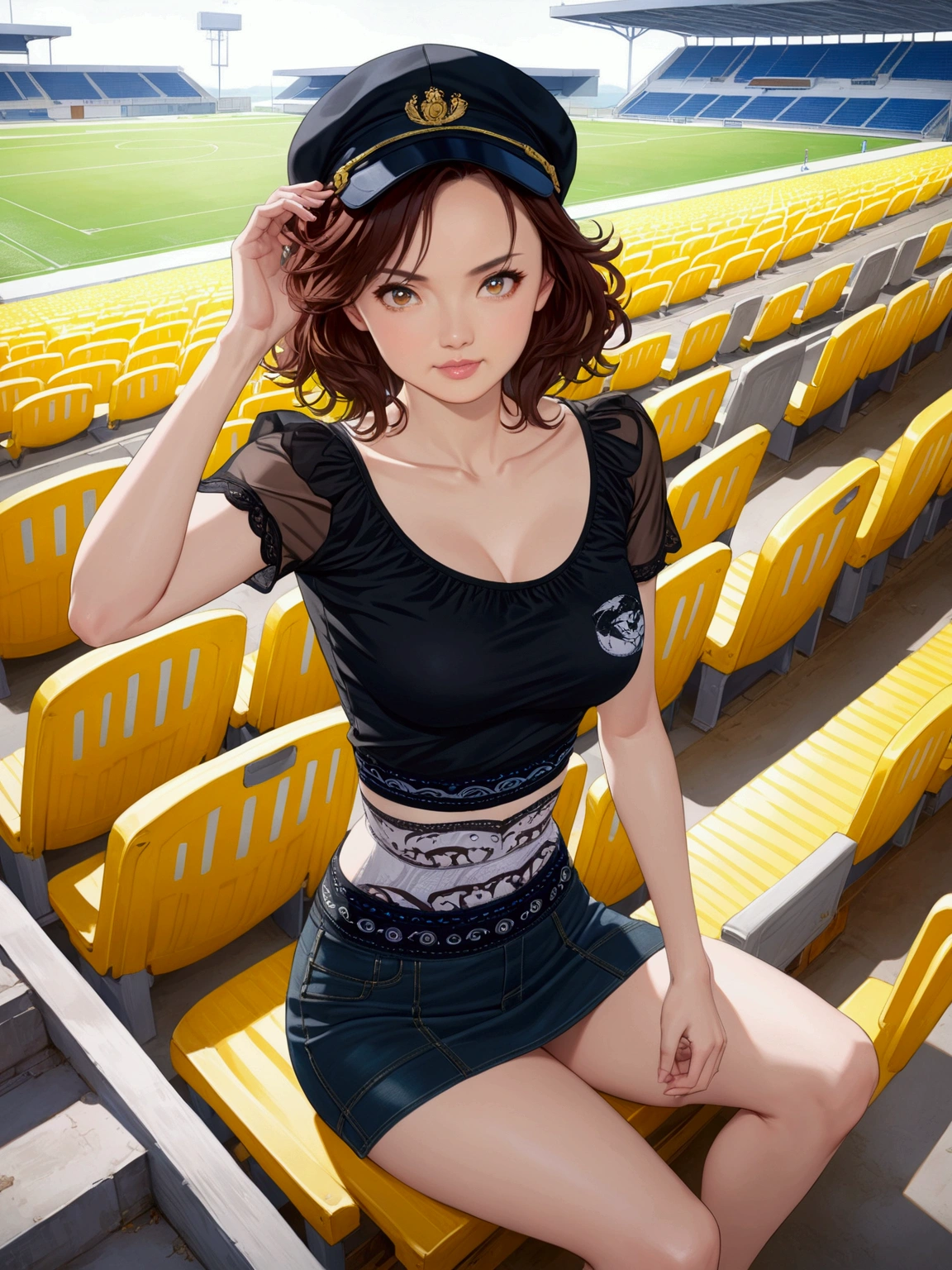 realistic anime of a beautiful woman is sitting on soccer stadium 's yellow seat, (she has brown short curly hair, forehead ), (wearing black cap, black short sleeve deep round neck blouse, dark navy-blue denim tube mini skirt), (1girl, solo, full body), (masterpiece, best quality, expressive eyes, perfect face, japanese anime style)