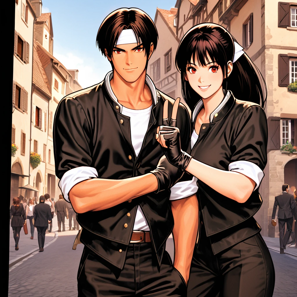 Orochikyo, Dark Skin, Two people, ツーshot, Red eyes, Black jacket(Rolling up his sleeves), Fingerless gloves, Black Hair, White T-shirt, ((White headband)), Black trousers, White shoes, Brown belt, good looking, shot, Charming, masterpiece, High resolution, Detailed face, Fine Grain, morning、Sky, A confident smile,A man and woman laughing and looking at the city of Eguisheim in France with their partner, Men and women with the same hairstyle and clothes, Making a peace sign。