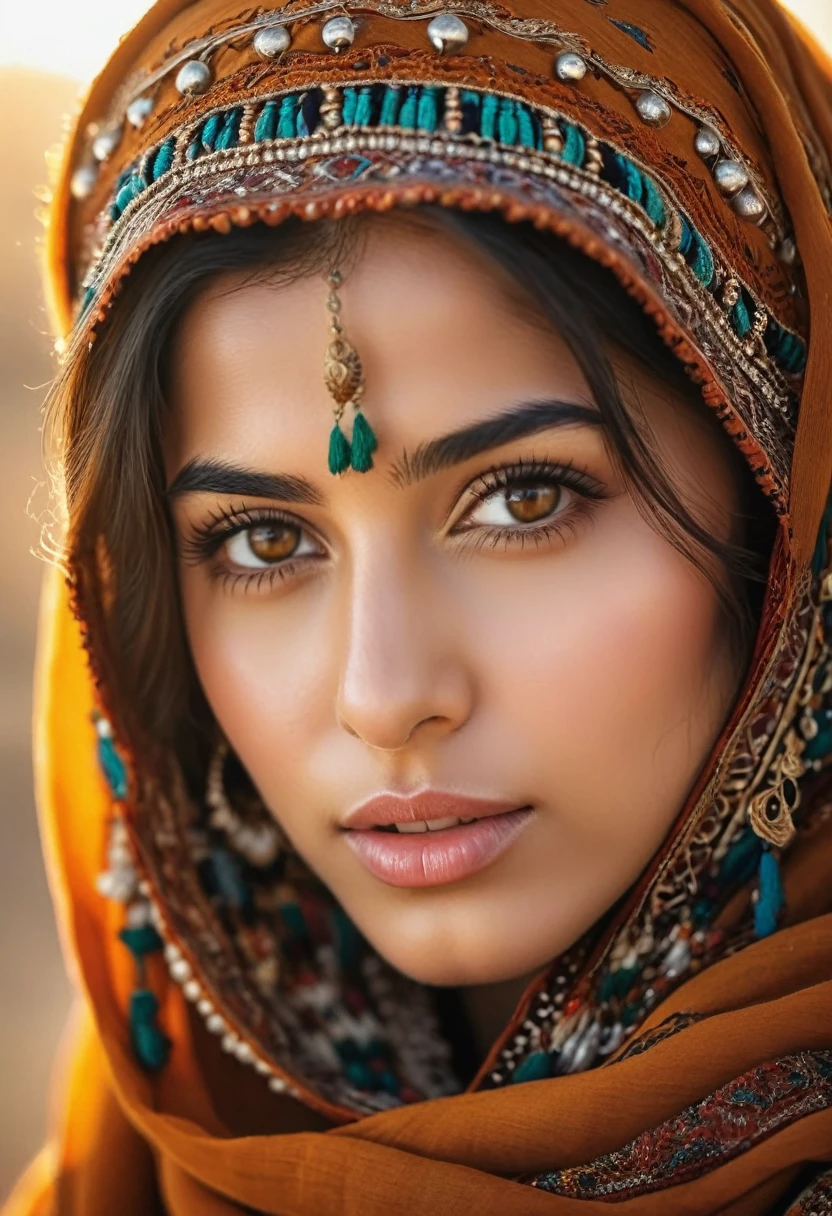a young afghan woman, beautiful detailed eyes, beautiful detailed lips, extremely detailed eyes and face, long eyelashes, traditional afghan clothing, detailed traditional afghan headwear, warm lighting, cinematic composition, golden hour lighting, highly detailed, photorealistic, 8k, (best quality,4k,8k,highres,masterpiece:1.2),ultra-detailed,(realistic,photorealistic,photo-realistic:1.37),vibrant colors,intricate details