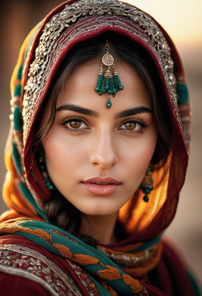 a young afghan woman, beautiful detailed eyes, beautiful detailed lips, extremely detailed eyes and face, long eyelashes, traditional afghan clothing, detailed traditional afghan headwear, warm lighting, cinematic composition, golden hour lighting, highly detailed, photorealistic, 8k, (best quality,4k,8k,highres,masterpiece:1.2),ultra-detailed,(realistic,photorealistic,photo-realistic:1.37),vibrant colors,intricate details