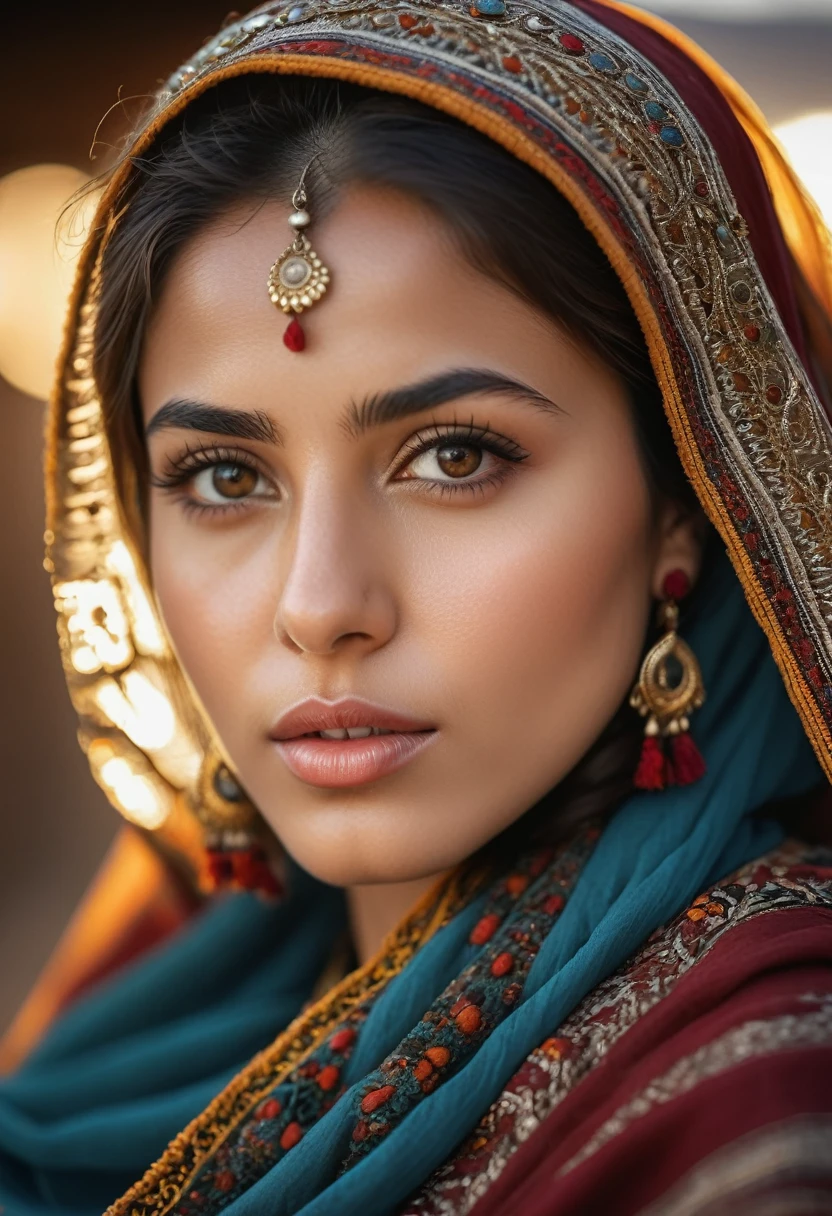 a young afghan woman, beautiful detailed eyes, beautiful detailed lips, extremely detailed eyes and face, long eyelashes, traditional afghan clothing, detailed traditional afghan headwear, warm lighting, cinematic composition, golden hour lighting, highly detailed, photorealistic, 8k, (best quality,4k,8k,highres,masterpiece:1.2),ultra-detailed,(realistic,photorealistic,photo-realistic:1.37),vibrant colors,intricate details