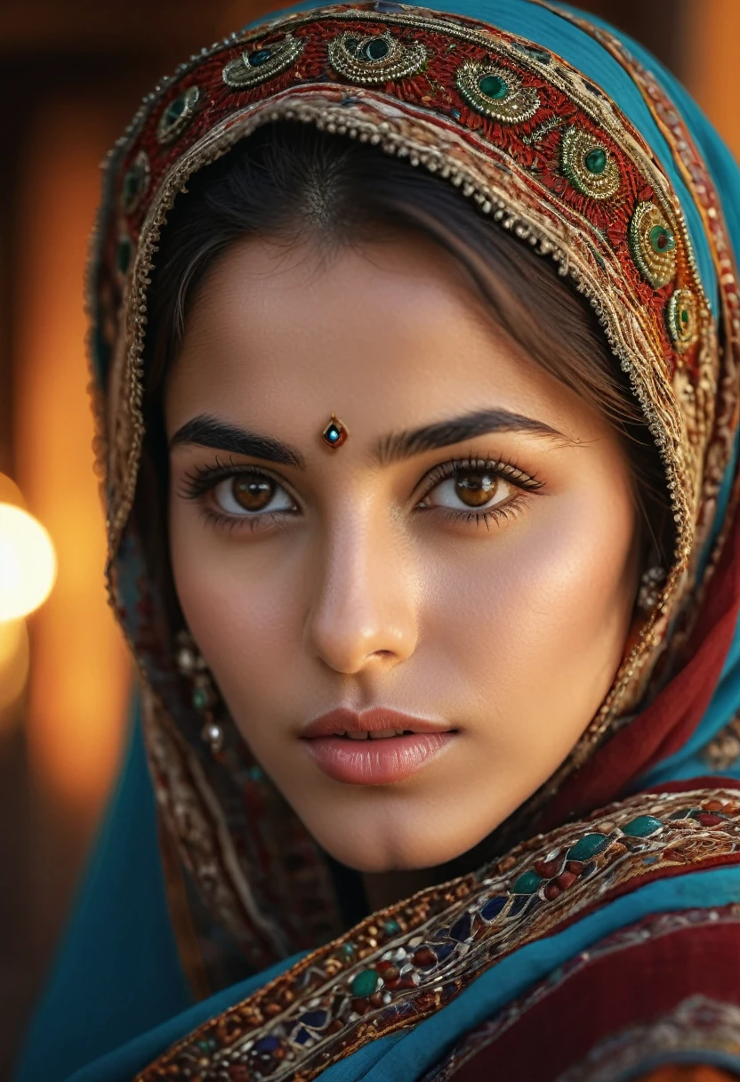 a young afghan woman, beautiful detailed eyes, beautiful detailed lips, extremely detailed eyes and face, long eyelashes, traditional afghan clothing, detailed traditional afghan headwear, warm lighting, cinematic composition, golden hour lighting, highly detailed, photorealistic, 8k, (best quality,4k,8k,highres,masterpiece:1.2),ultra-detailed,(realistic,photorealistic,photo-realistic:1.37),vibrant colors,intricate details