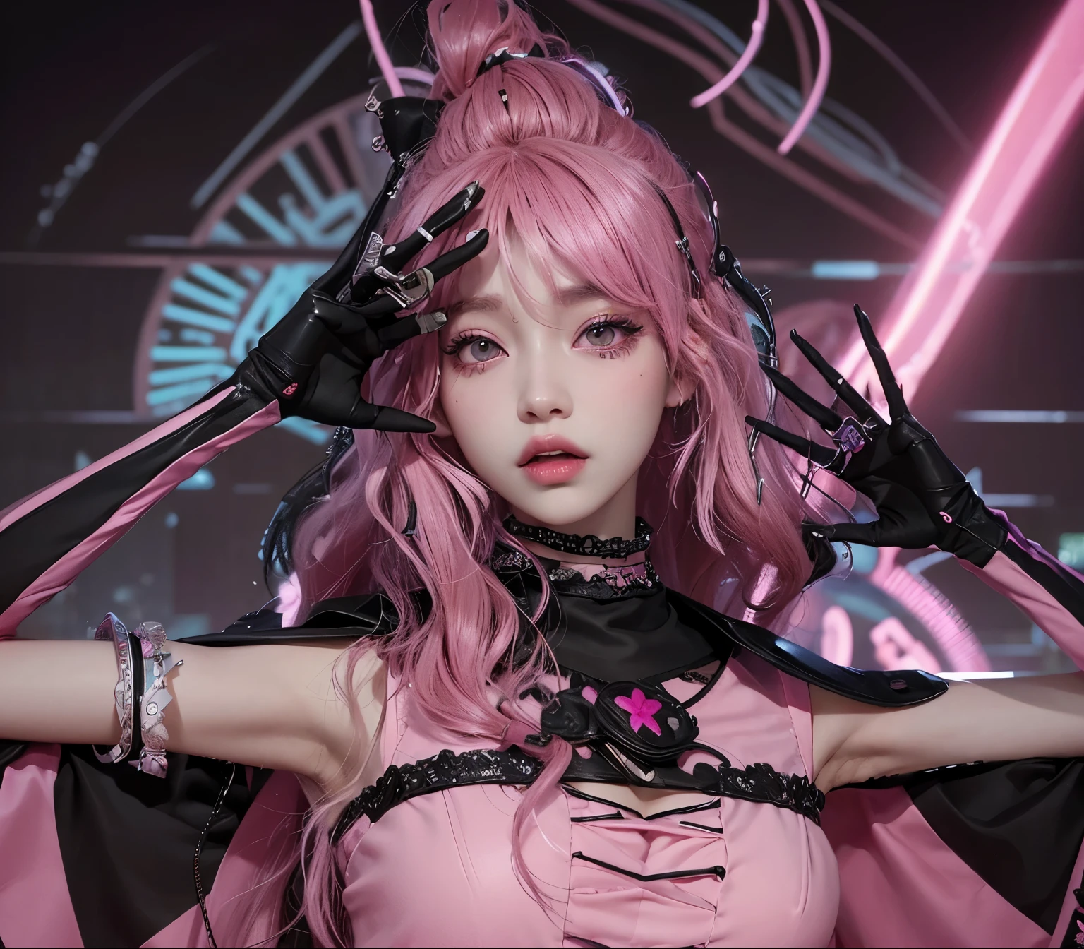AVATAR SECOND LIFE Korean girl wearing black top, pink hair, pink hair, pink hair, Asian, Perfect and detailed face, imvu, maximalist details, AVATAR SECOND LIFE Korean blusa , neon