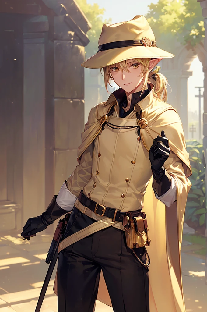 (((masterpiece; best quality: 1.2))), (finely detailed eyes: 1.3), (25 year old elf man), (solo), (yellow eyes: 1.4), (body; toned, fit, masculine: 1.3), (silky blonde hair in low ponytail: 1.3), (beautiful and clear background: 1.2), ((depth of field)), (equipment: adventurer garb + modest + elegant wide-brimmed hunter hat + overcoat + shirt + long cape + black pants + gloves + belt + pouches: 1.3), (anime illustration: 1.2), (background composition; royal garden: 1.1), (extremely fine and handsome: 1.1), (shot composition; standing + centered on torso + close-up: 1.5), (expression; calm, smile: 1.2)