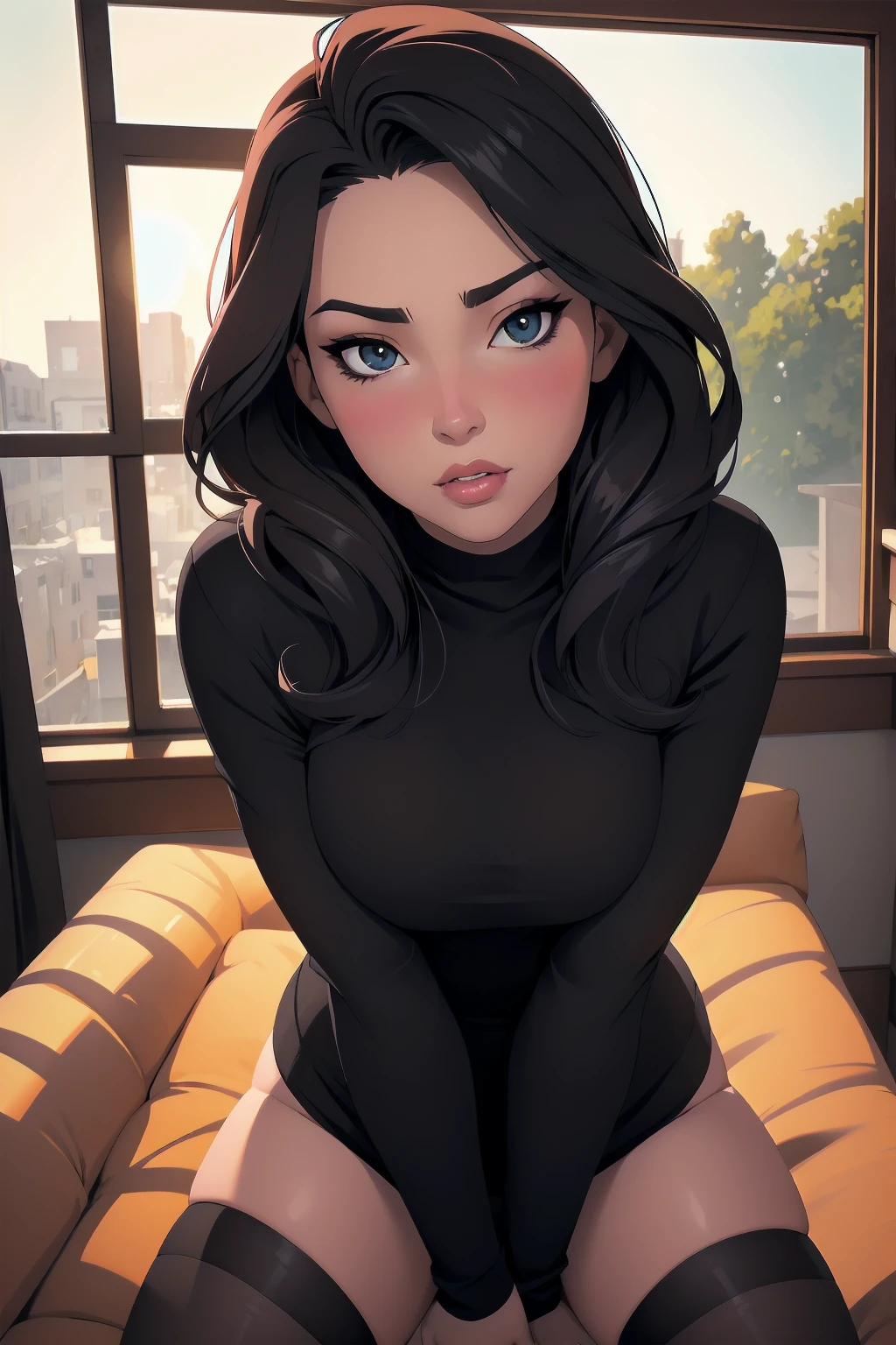 Sexy woman, perfect hair, amazing makeup, seductive gaze, blushing intensely, ready to kiss, long oversized sweater, black tights, sitting comfortably on couch, window, natural light beaming through window, beautiful face, seductively gazing at us, very seductively provocative, fisheye