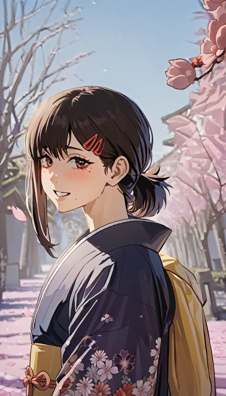 1girl, higashiyama kobeni, wearing kimono, in a cheery blossom park, cherry blossom petals falling in the background, (masterpiece), cinematic, beautiful light, best quality, newest,safe, absurdres, wide smile, blushing, look at camera, tilt head, turn head back