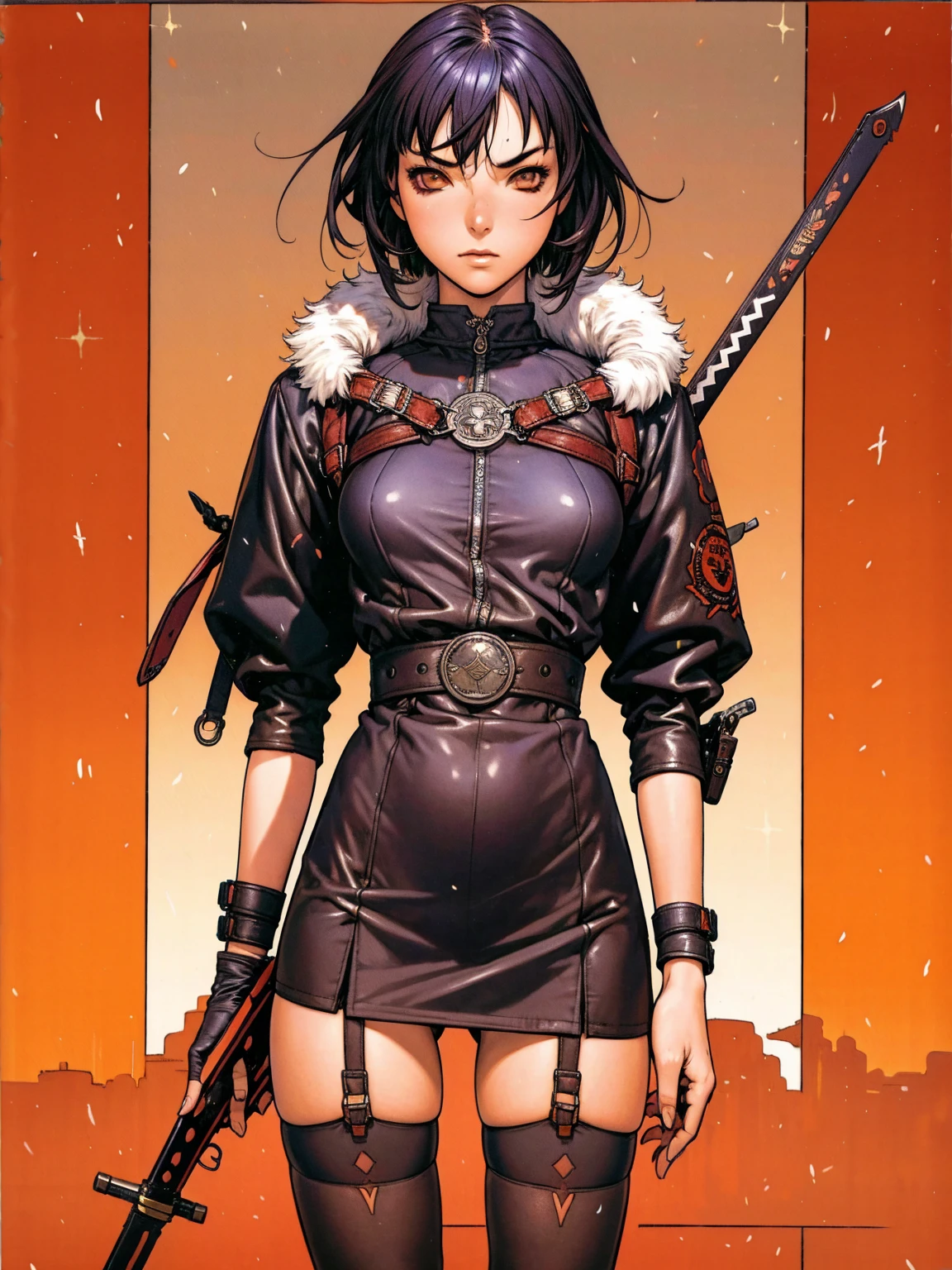 (((garter belt with stockings 3/4))), 1 girl, (((standing alone))), pirralha violent, (((full of leather straps wrapped around the arms))), 14歳, sexly, pose de atitude, work of art, post-apocalypse, (((manga style))), bounty hunter, violent, Manic, the way you want, slenderbody, thin but strong, perfectbody, roupa moderna, holding a samurai sword, messy bob hair, colored hair, (((best qualityer))), Mini skirt with pleats or short shorts with a checkered print in red and black, fur collar jacket, sleeves with vertical striped pattern, neutral background, (( cowboy shot )). intricate visual, Base Shiori, split color hair, hair ornament, choker, black dress with white ribbon, Black jacke, waist belt, asymmetrical pants, shinkiro art style, Masamune Shirow