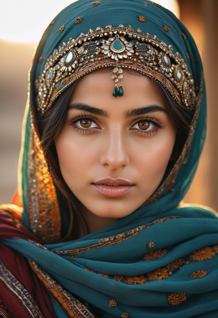 a young afghan woman, beautiful detailed eyes, beautiful detailed lips, extremely detailed eyes and face, long eyelashes, traditional afghan clothing, detailed traditional afghan headwear, warm lighting, cinematic composition, golden hour lighting, highly detailed, photorealistic, 8k, (best quality,4k,8k,highres,masterpiece:1.2),ultra-detailed,(realistic,photorealistic,photo-realistic:1.37),vibrant colors,intricate details