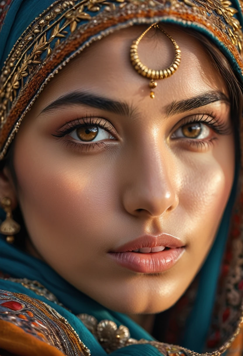 a young afghan woman, beautiful detailed eyes, beautiful detailed lips, extremely detailed eyes and face, long eyelashes, traditional afghan clothing, detailed traditional afghan headwear, warm lighting, cinematic composition, golden hour lighting, highly detailed, photorealistic, 8k, (best quality,4k,8k,highres,masterpiece:1.2),ultra-detailed,(realistic,photorealistic,photo-realistic:1.37),vibrant colors,intricate details