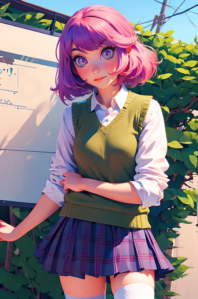 ph momo, momohd, phmomo, solo, 1girl, pink hair, purple eyes, short hair, hair flower, sweater vest, , big eyes, plaid skirt, black thighhighs, sign, embarrassed