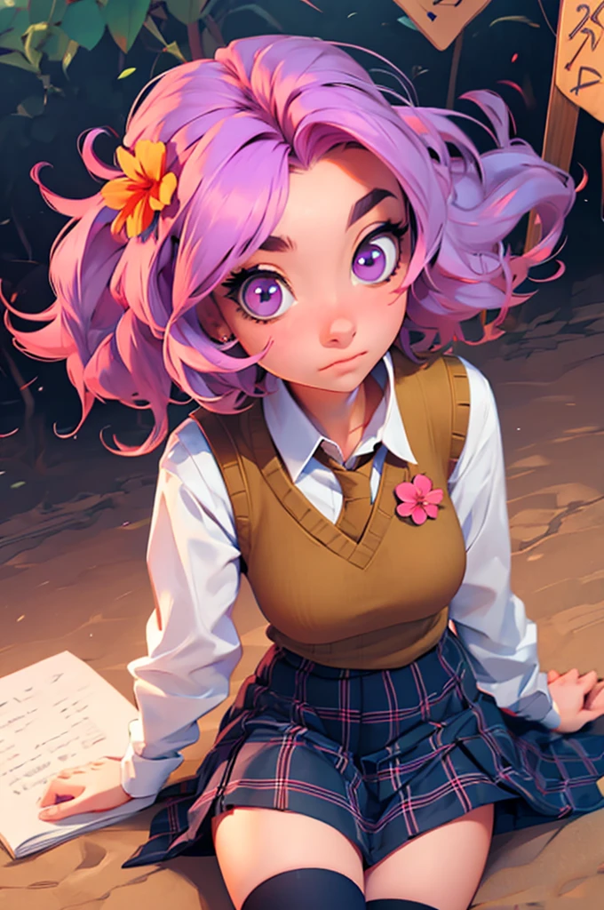 ph momo, momohd, phmomo, solo, 1girl, pink hair, purple eyes, short hair, hair flower, sweater vest, , big eyes, plaid skirt, black thighhighs, sign, embarrassed