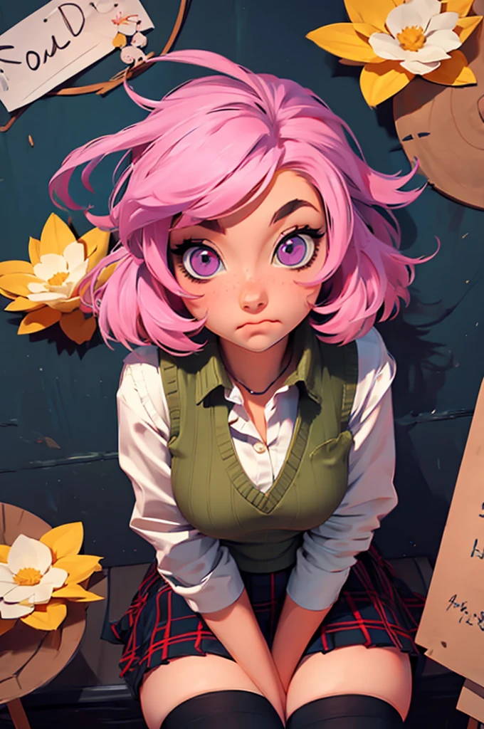ph momo, momohd, phmomo, solo, 1girl, pink hair, purple eyes, short hair, hair flower, sweater vest, , big eyes, plaid skirt, black thighhighs, sign, embarrassed
