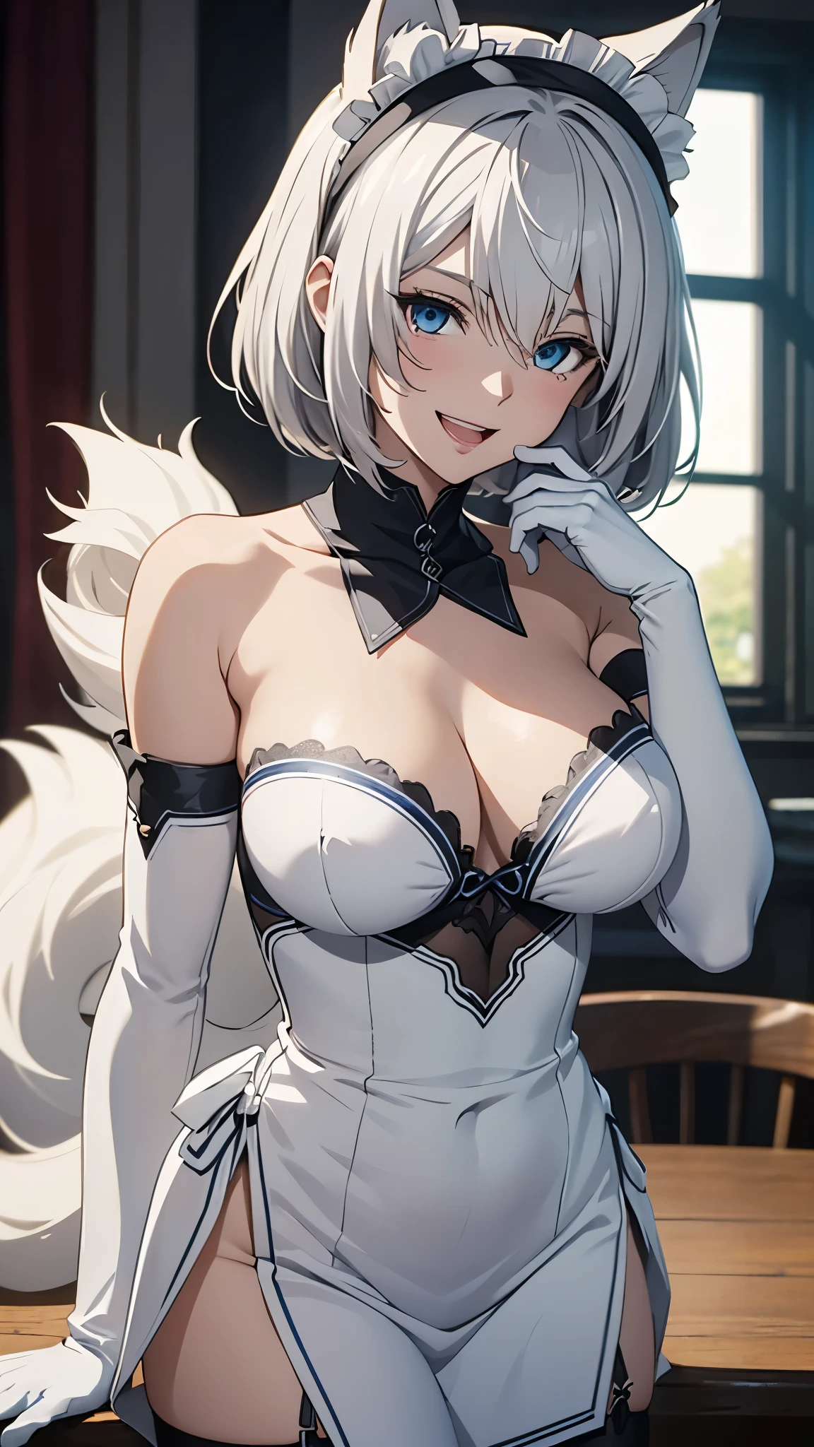 Tabletop　High resolution　Best image quality　8k　 Adult female　Anime Style　White long gloves(Elbow Gloves)　cuffs　White maid outfit（Strapless）stockings　White wolf ears　short hair（（Shortcuts）（Gray Hair）（Perm）（fluffy））　blue eyes　Attractive face（（Laughter）（smile）（Open your mouth））large breasts.