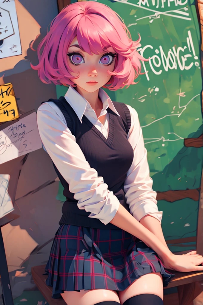 ph momo, momohd, phmomo, solo, 1girl, pink hair, purple eyes, short hair, hair flower, sweater vest, , big eyes, plaid skirt, black thighhighs, sign, embarrassed