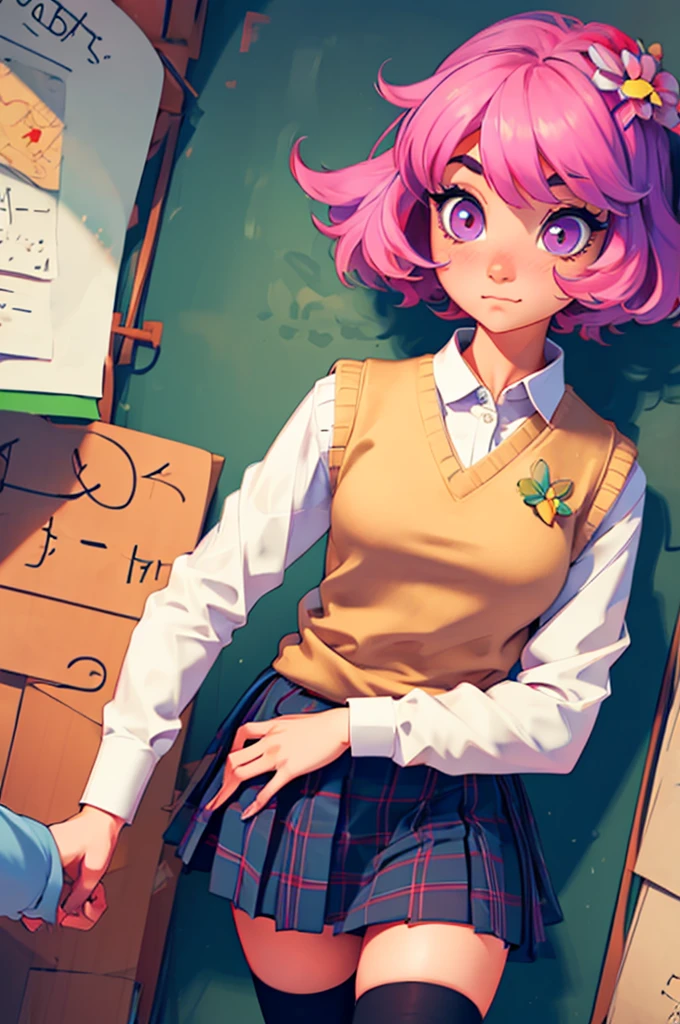 ph momo, momohd, phmomo, solo, 1girl, pink hair, purple eyes, short hair, hair flower, sweater vest, , big eyes, plaid skirt, black thighhighs, sign, embarrassed
