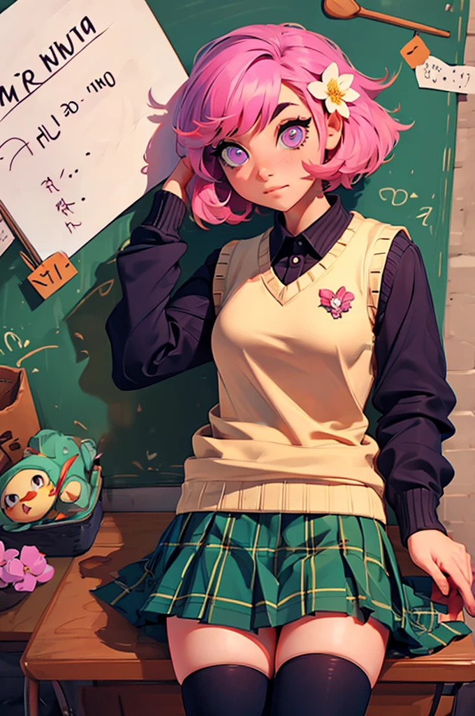 ph momo, momohd, phmomo, solo, 1girl, pink hair, purple eyes, short hair, hair flower, sweater vest, , big eyes, plaid skirt, black thighhighs, sign, embarrassed