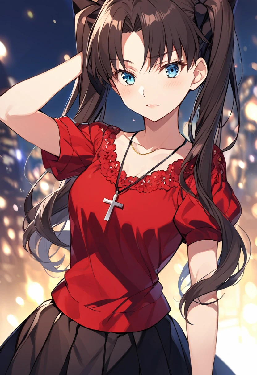 fate stay night, Tohsaka Rin(black twin-tails hair, red blouse, black skirt, light blue eyes, cross necklace)