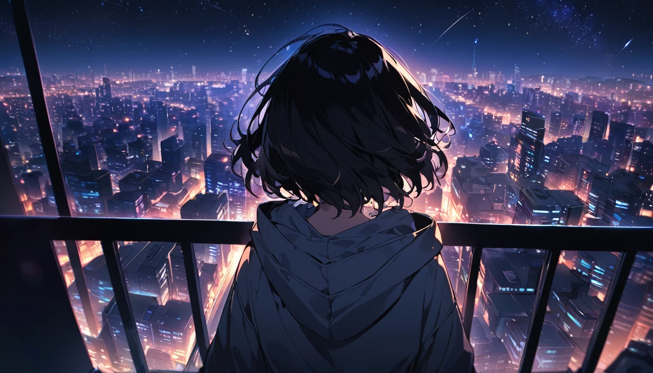 Starry Sky、Night view、City、One woman、Black Hair、Short Hair、Hair blowing in the wind、Wearing a hoodie、back、Full body portrait、Overlooking the city from the balcony