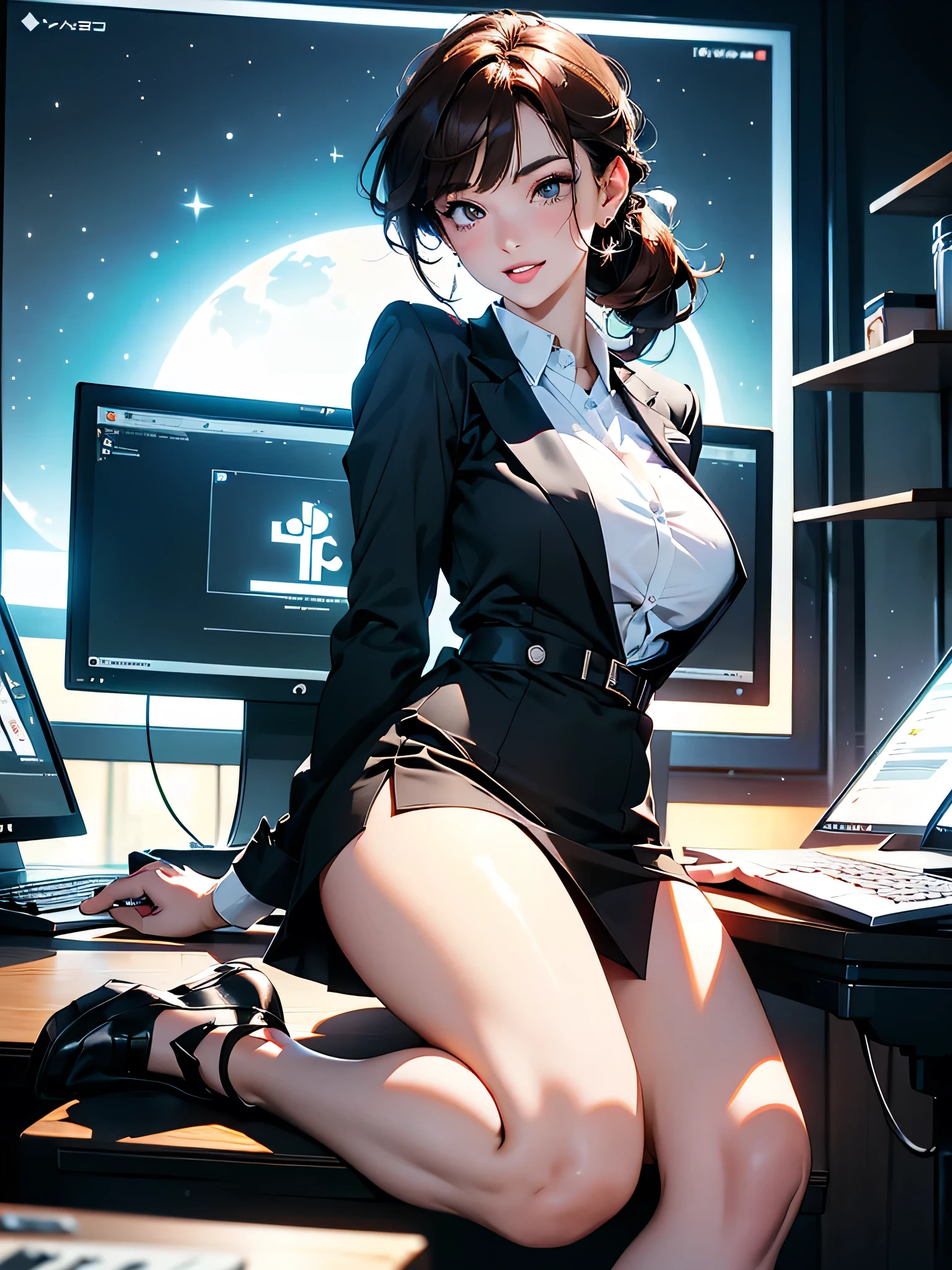 masterpiece、high resolution 8k、NSFW、Colorful light lighting、sharp focus、fine skin、table top、 highest quality、Ultra - High resolution、Super high resolution、Highly detailed CG、theme,full body shot、office room with bosany large monitors、Computer on desk、transaction、document、stock、chart screen、Female OL、woman bending down document、beautiful black eyes、(Detailed face and iace:1 2)、Clean pupils、almond eye)、(reddish brown hair、Medium short ponytail、high top fade:1.3、asymmetrical bangs)、(id card strap)、(Blazer for office wear shortage、white cutter shirt、black pencil skirt、pumps)、(gross、glossy lips、 size) 、(oval face : 1.4)、(thin fingers、fine arms、detailed human hand)、laughter、open your mouth、teeth visible, sexy lady, big ass, big milk, short skirt, close-fitting, high sexual, aurora and stars background, night sky, black sexy stocking, black underwear