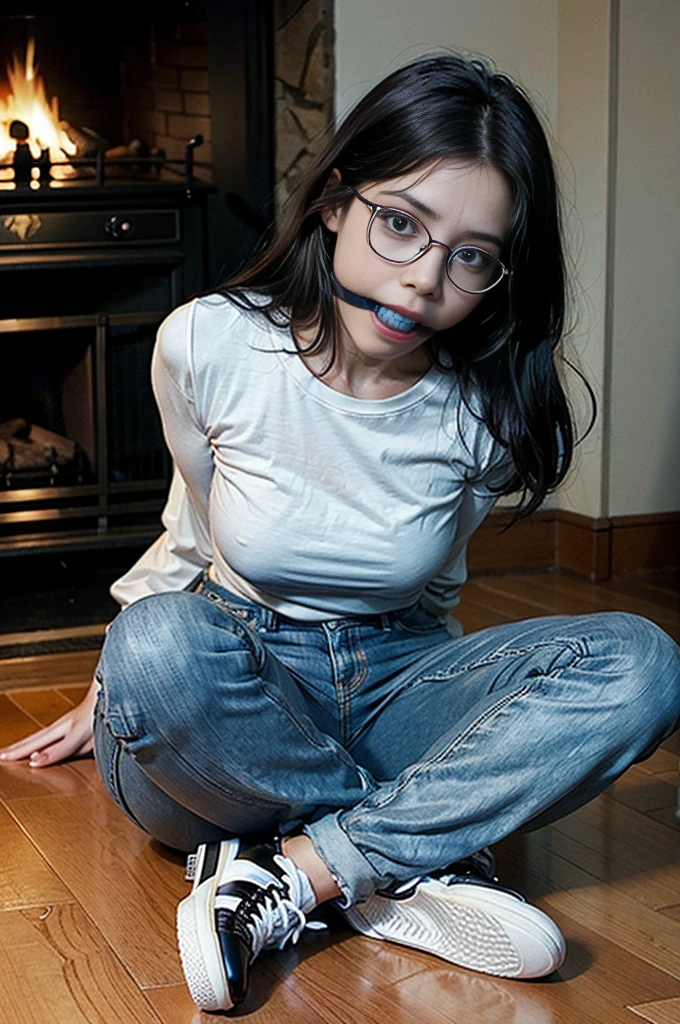realistic, masterpiece, best quality, a young malay woman, age around 25 years old, long black hair until chest, wearing round glasses, big rounded eyes, frame, ((light blue long sleeves tshirt, jeans and wearing sneakers)), sitting on floor, mouth gag, gag, red ballgag, fireplace,(look on the floor, abandon house,night, dark),bound arms,ball gag