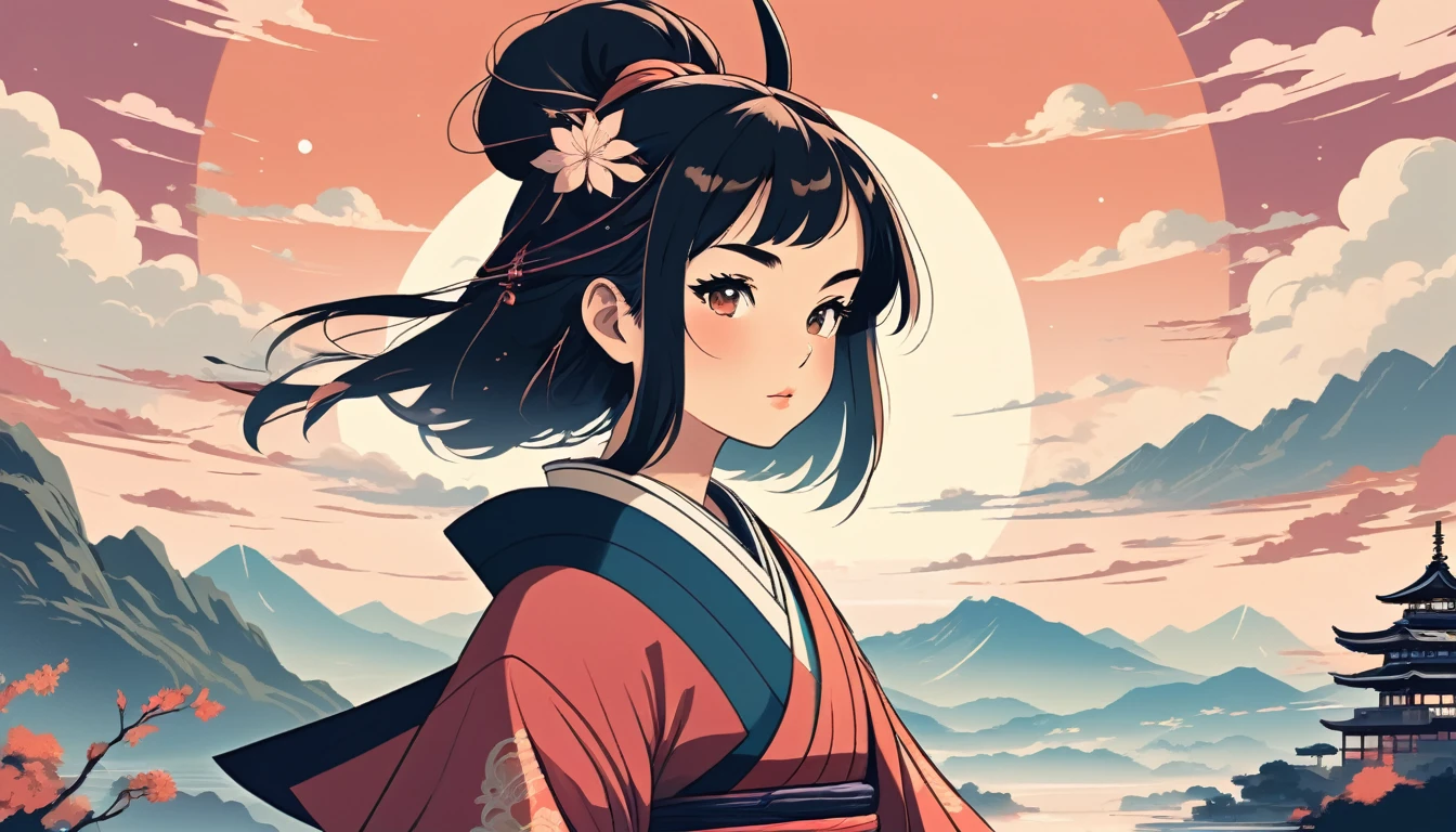 Female samurai, Wide-angle lens, Lofi Anime, Lofi illustration, Aesthetic atmosphere, Lo-Fi Style, Vector art, Flat Design, Simple shape, Warm tones, Pleasant atmosphere, Chill, In anime style, Digital drawing, Vector art, Vector logo for t-shirt printing, (Adorable:1.5), (small:1.4), (Playful:1.2), (soft:1.3), (Whimsical:1.1), masterpiece, Highest quality, 8k, Intricate details, grow, Celestial, Mysterious, Picturesque, amazing, Majestic, Magic, Fantasy art, Cover art, dream-like