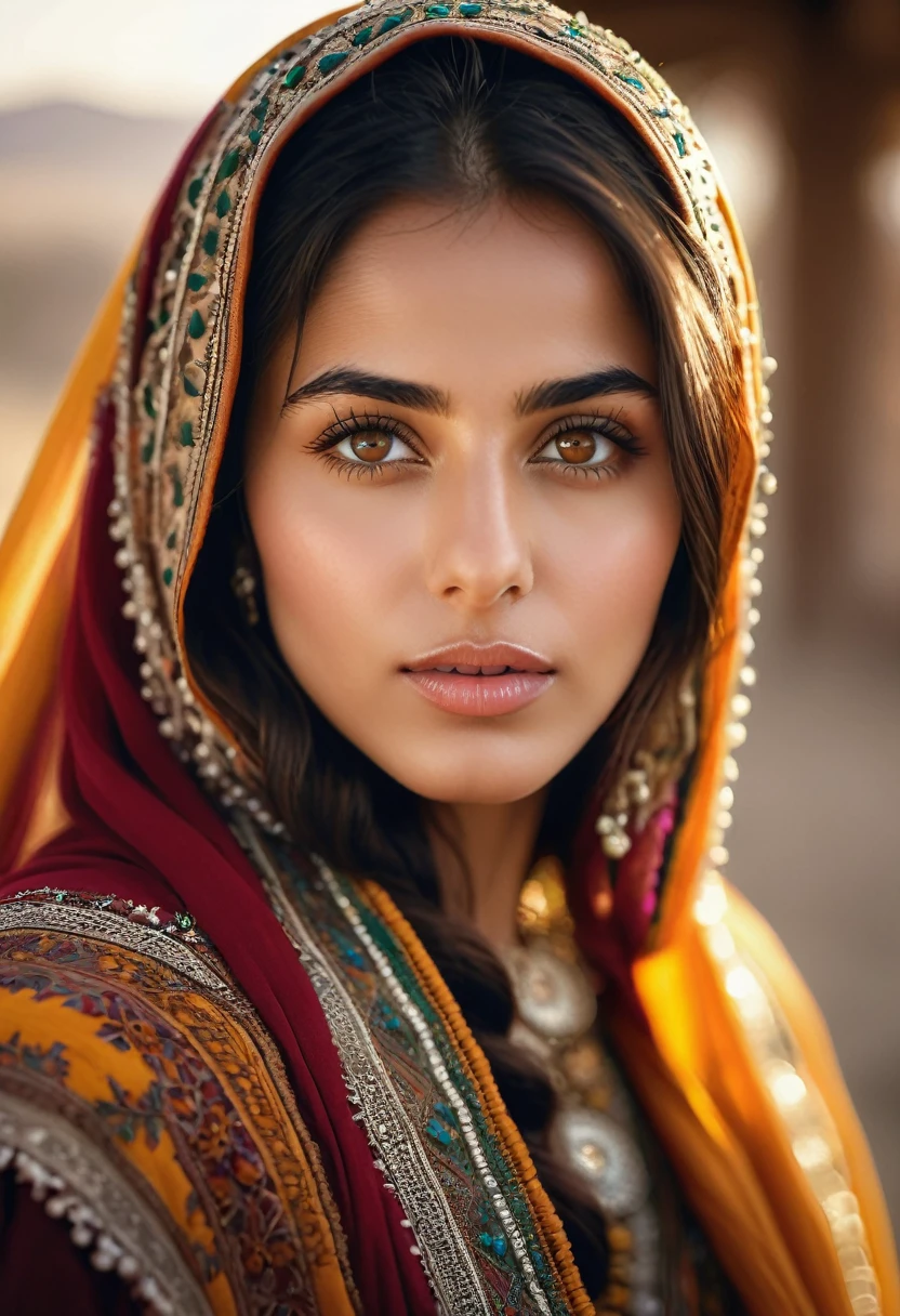 a young afghan woman, beautiful detailed eyes, beautiful detailed lips, extremely detailed eyes and face, long eyelashes, traditional afghan clothing, detailed traditional afghan headwear, warm lighting, cinematic composition, golden hour lighting, highly detailed, photorealistic, 8k, (best quality,4k,8k,highres,masterpiece:1.2),ultra-detailed,(realistic,photorealistic,photo-realistic:1.37),vibrant colors,intricate details