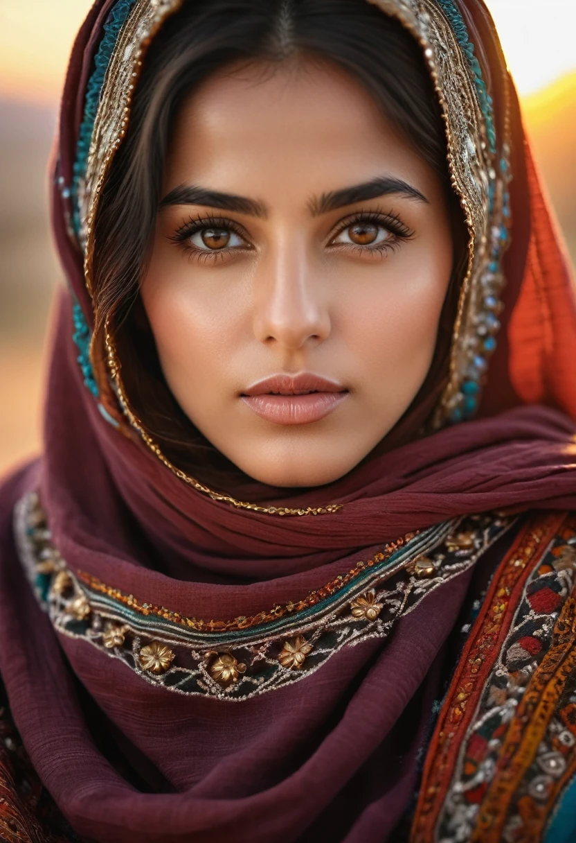 a young afghan woman, beautiful detailed eyes, beautiful detailed lips, extremely detailed eyes and face, long eyelashes, traditional afghan clothing, detailed traditional afghan headwear, warm lighting, cinematic composition, golden hour lighting, highly detailed, photorealistic, 8k, (best quality,4k,8k,highres,masterpiece:1.2),ultra-detailed,(realistic,photorealistic,photo-realistic:1.37),vibrant colors,intricate details