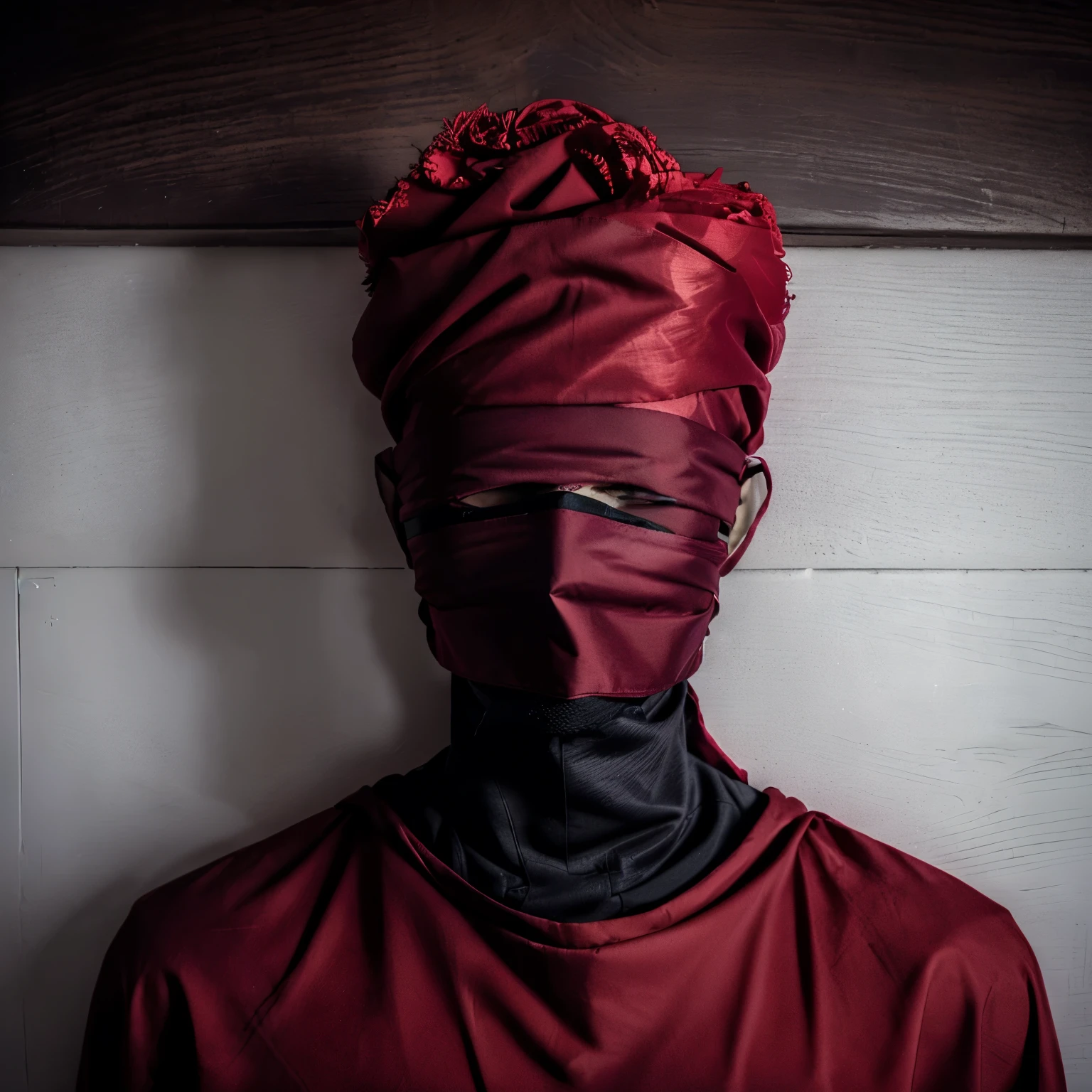 arafed man with a red mask covering his face, masked person in corner, face covered, blindfolded, obscured, with a covered face, hood and shadows covering face, covered face, blindfold, masked, blind, wearing mask, by Adam Marczyński, red cloth around his shoulders, obscured face, hiding, masked face