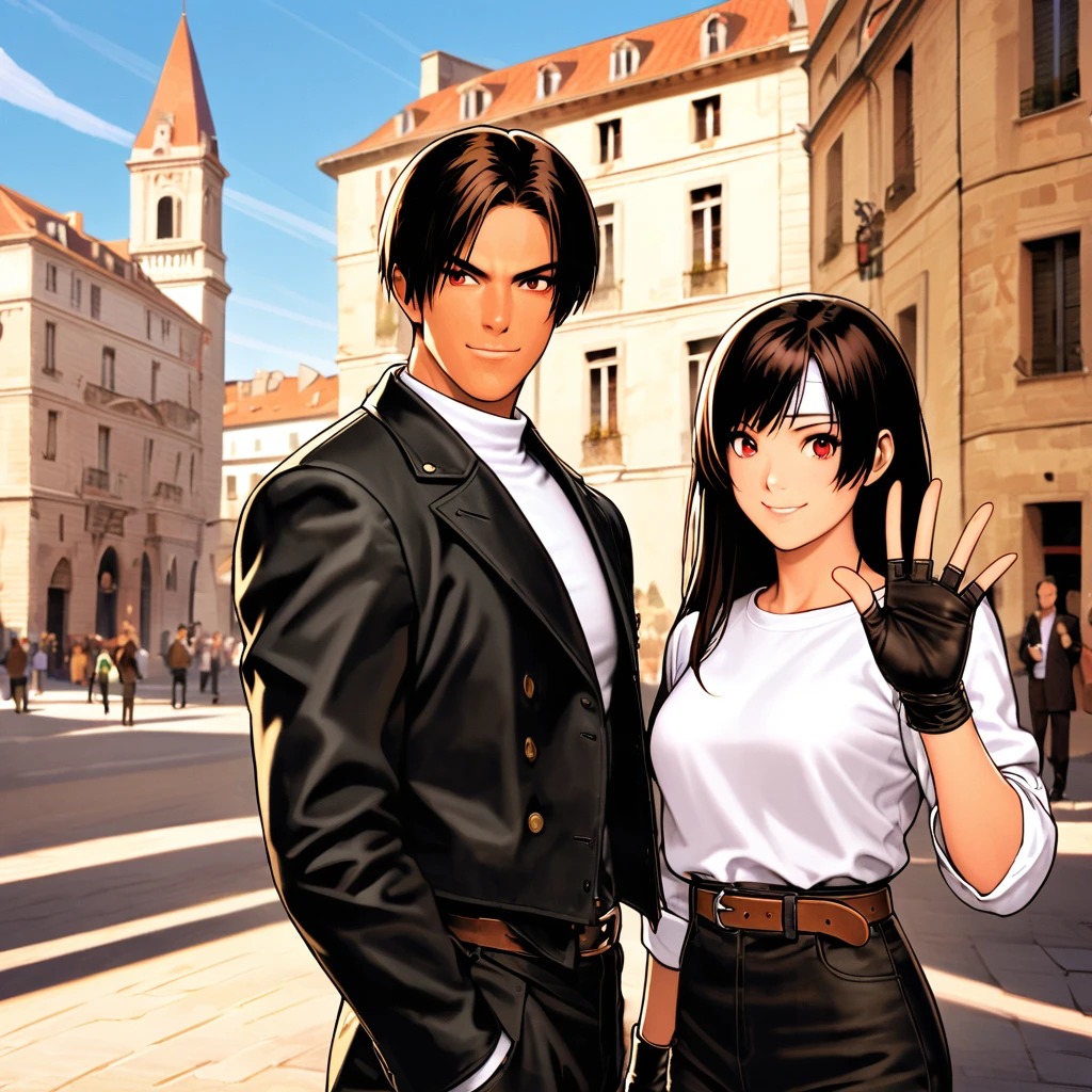 Orochikyo, Dark Skin, Two people, ツーshot, Red eyes, Black jacket（Roll up your sleeves）, Fingerless gloves, Black Hair, White T-shirt, （White headband）, Black trousers, White shoes, Brown belt, good looking, shot, Charming, Outdoor、masterpiece, High resolution, Detailed face, Fine grain, morning, blue sky, A confident smile, A man and a woman laughing with the Place de la Bourse in the background, France, Men and women with the same hair and clothes, peace sign.