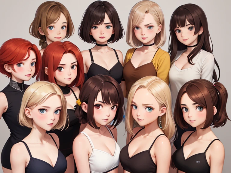 (Best quality, masterpiece), group photo of 8 very different beautiful students, different emotions, Free postures, Different hair colors(among them there is only 1 redhead, 3 blondes, 2 brown-haired and 2 brunettes), Different hairstyles, different hair lengths, different eye colors, Different physiques, Different breast sizes, (there is definitely 1 sullen, flat-chested Asian brunette in the photo, 1 short haired muscular blonde, 1 long haired redhead, 1 brunette hippie with pigtails, 1 flat chested brown haired, 1 short round brown-haired woman), graduation photo album, beautiful faces, upper body