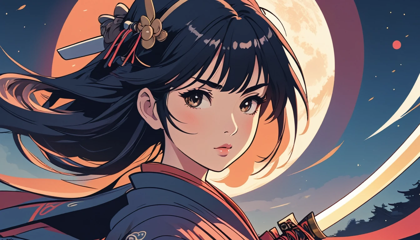Female samurai, Wide-angle lens, Lofi Anime, Lofi illustration, Aesthetic atmosphere, Lo-Fi Style, Vector art, Flat Design, Simple shape, Warm tones, Pleasant atmosphere, Chill, In anime style, Digital drawing, Vector art, Vector logo for t-shirt printing, (Adorable:1.5), (small:1.4), (Playful:1.2), (soft:1.3), (Whimsical:1.1), masterpiece, Highest quality, 8k, Intricate details, grow, Celestial, Mysterious, Picturesque, amazing, Majestic, Magic, Fantasy art, Cover art, dream-like