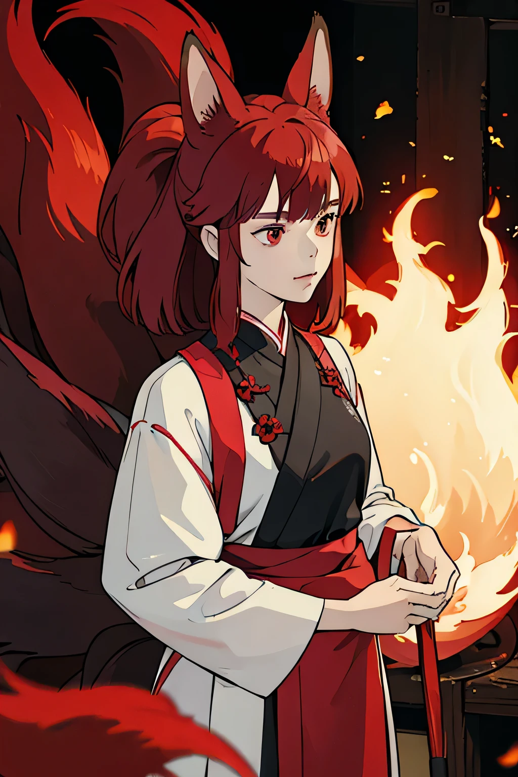 woman. Asian clothes. Red hair. dark red eyes. Fox ears. nine tails. Complex hairstyle.