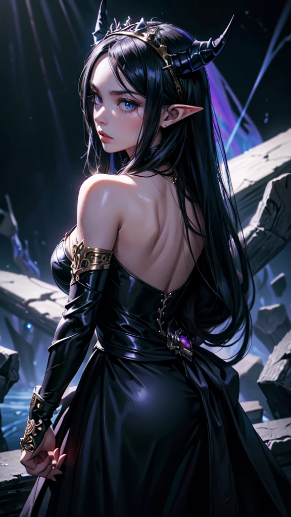 masterpiece, Best quality, 1 girl,photo, Studio photography, from the waist up, upper body, Shoulders back, long hair covers shoulders, headband with black roses and veil, tiara of bloodstones and rubies with black metal, pale-skinned woman with a seductive expression, iridescent skin, Succubus, Twisted Horns, on a throne of stone spikes in the underworld, underworld, afterlife, Surrounded by demons, dark atmosphere, purple lighting, light rays, skull, iridescent scepter, the evening Mediterranean light casts a warm glow on her porcelain skin., High-resolution image, digital painting, Spiritual peace, golden ratio composition, cowboy shot, brilliant, brilliant hair, (night:1.2),Dreamy, [[gentle fingers and hands:0.55]::0.85],(detailed fingers),),(emotional),(breathtaking),(main part:1.2) whole body.), (Anime Style), (Super Detailed), (brutal), (uhd, HDR), (8k), (High Resolution: 1.2), (Complex and Beautiful: 1.2),detailed eyes, detailed hands, detailed face, drops of water, drops, full body, elf woman
