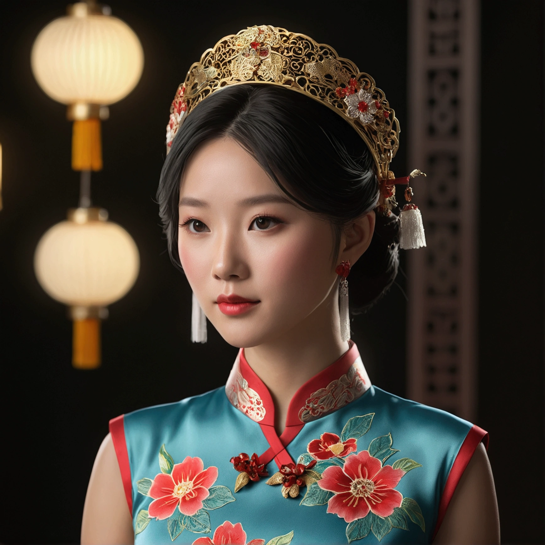 best quality, head of'artwork, high resolution, Une fille, cheongsam, headgear, neckleace, jewels, nice face, sur_corps, Effet Tyndall, Photorealistic, Studio sombre, rim lighting, two-tone lighting, (high definition skin: 1.2), 8k uh, DSLR, soft lighting, high quality, volumetric lighting, Candide, la photographie, high resolution, 4K, 8k, bokeh,