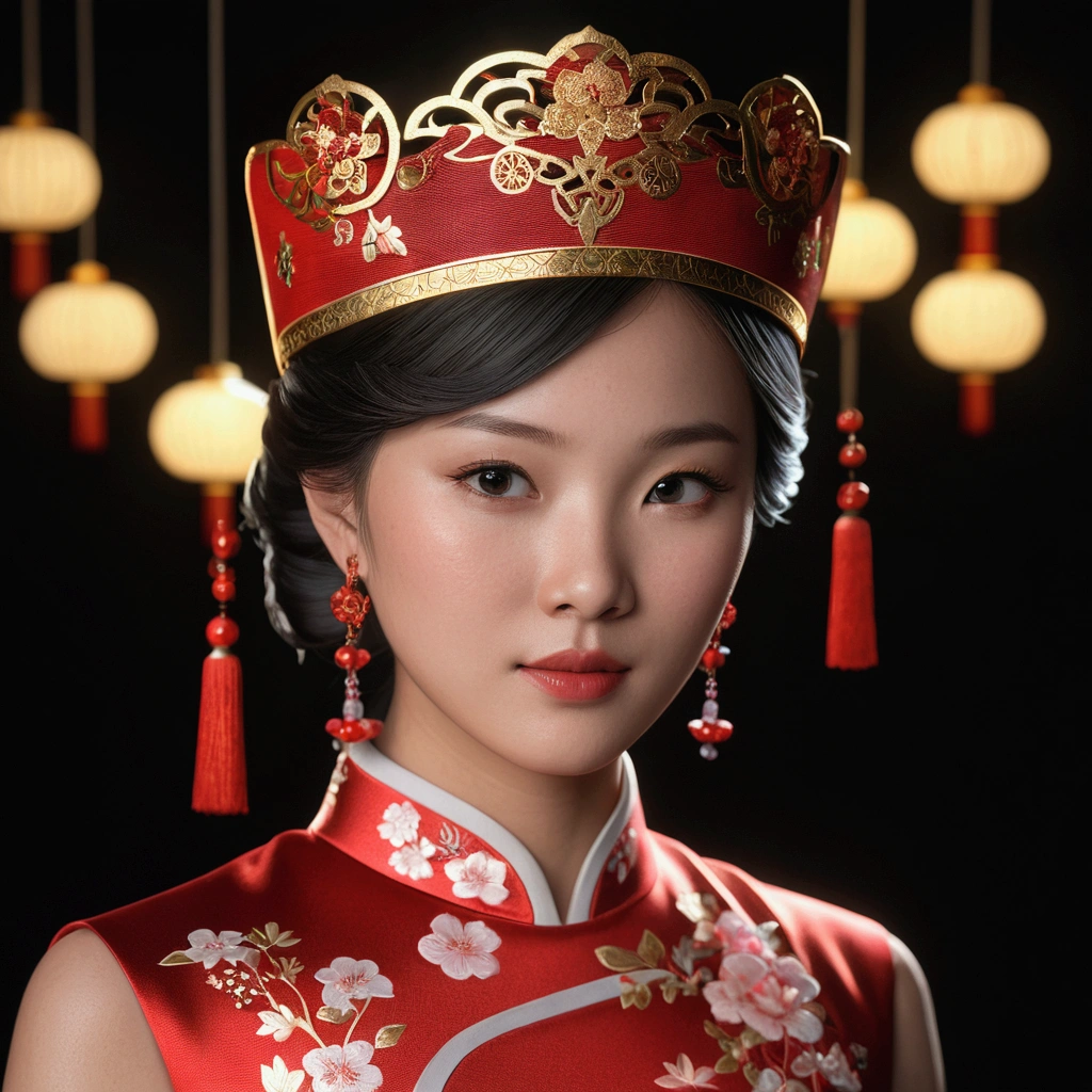 best quality, head of'artwork, high resolution, Une fille, cheongsam, headgear, neckleace, jewels, nice face, sur_corps, Effet Tyndall, Photorealistic, Studio sombre, rim lighting, two-tone lighting, (high definition skin: 1.2), 8k uh, DSLR, soft lighting, high quality, volumetric lighting, Candide, la photographie, high resolution, 4K, 8k, bokeh,