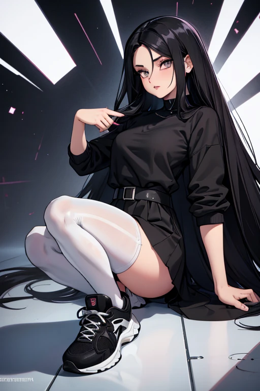 Age 22, White skin girl, almost speaks, Bblack hair, extremely long hair, Cramped, black pantyhose, black sneakers, Bblack hair, hair between the eyes, White hair, cloused mouth, range, cabelo bagunçado saia formal Bblack hair grande extremely long hair olhos cinzas