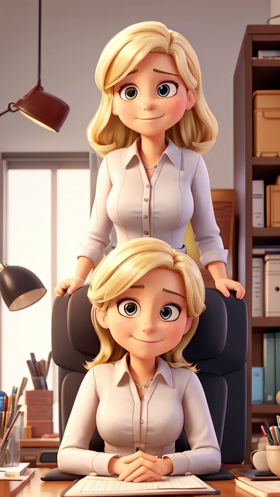a middle-aged woman, around 40 years old in an office, she has straight, blonde hair and this formal outfit. She is sitting in the chair at her work desk. his clothes are businesslike.