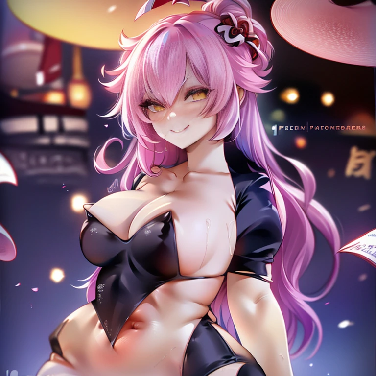 (artwork, highest quality, highest resolution, distinct_image, detailed details): (8K, 4K, best quality, High resolution: 1.2), artwork, Ultra-detailed, hyper details, cinematic Light, Alone, woman, pink hair, perfect body, thin waist, mature, smile, perfect face, full body, looking at the viewer, detailed_background, full_body